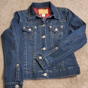 True Religion denim trucker jacket with a red flannel lining - Size M